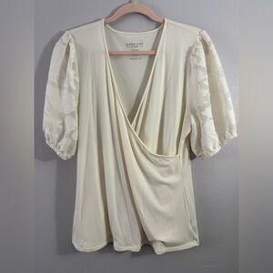 Cream Puff-Sleeve Faux Wrap Top